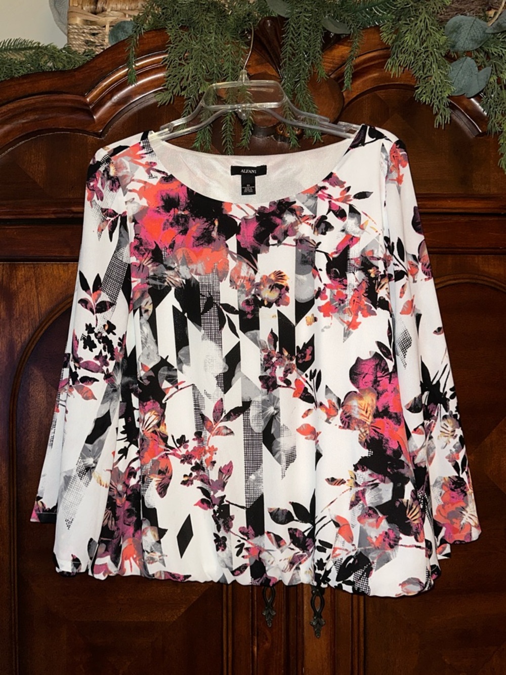 Alfani Floral & Graphic Overlay Long Sleeve Top in White, Pink, Black